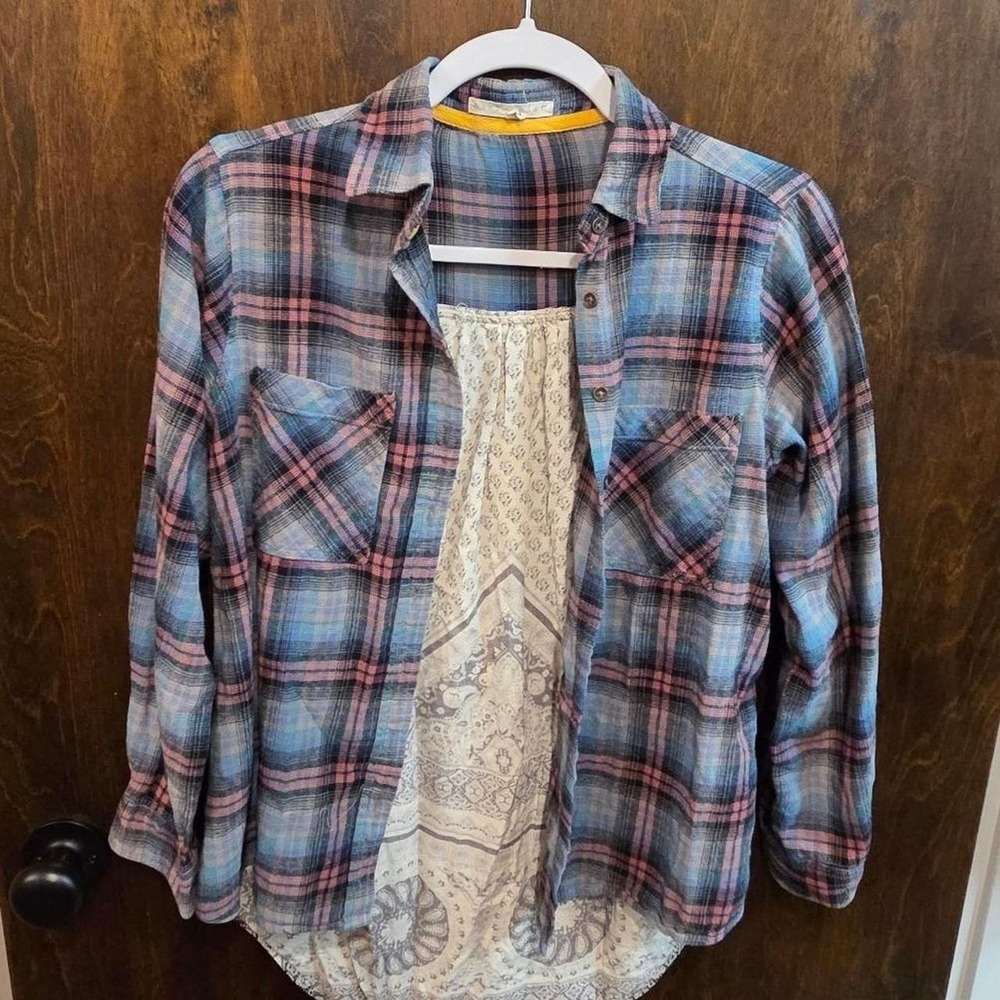 Hint Of Mint Flannel Plaid and Handkerchief Blouse Size M